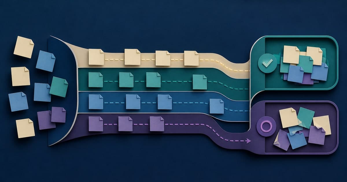 Branded illustrated title card for How backlog composition changes cycle-time conclusions, showing cohorts divided by class and completion status.