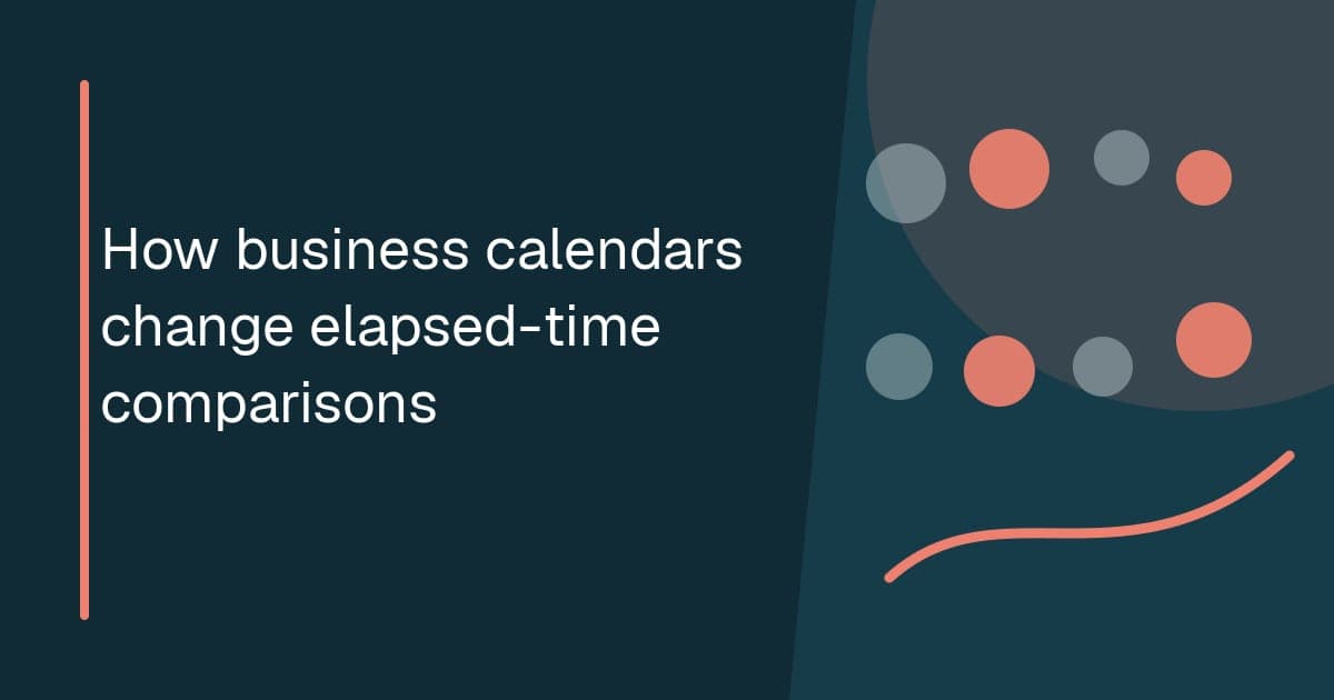 Branded illustrated title card for “How business calendars change elapsed-time comparisons” in the Research category, showing wall-clock and business-calendar timelines aligned for comparison.