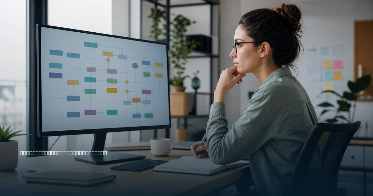 Branded illustrated title card for Dependency slack as an early warning for small-team delivery in the Research category, composited over a real operations workspace photo showing operations coordinator reviewing an unlabeled project dependency map on a monitor.