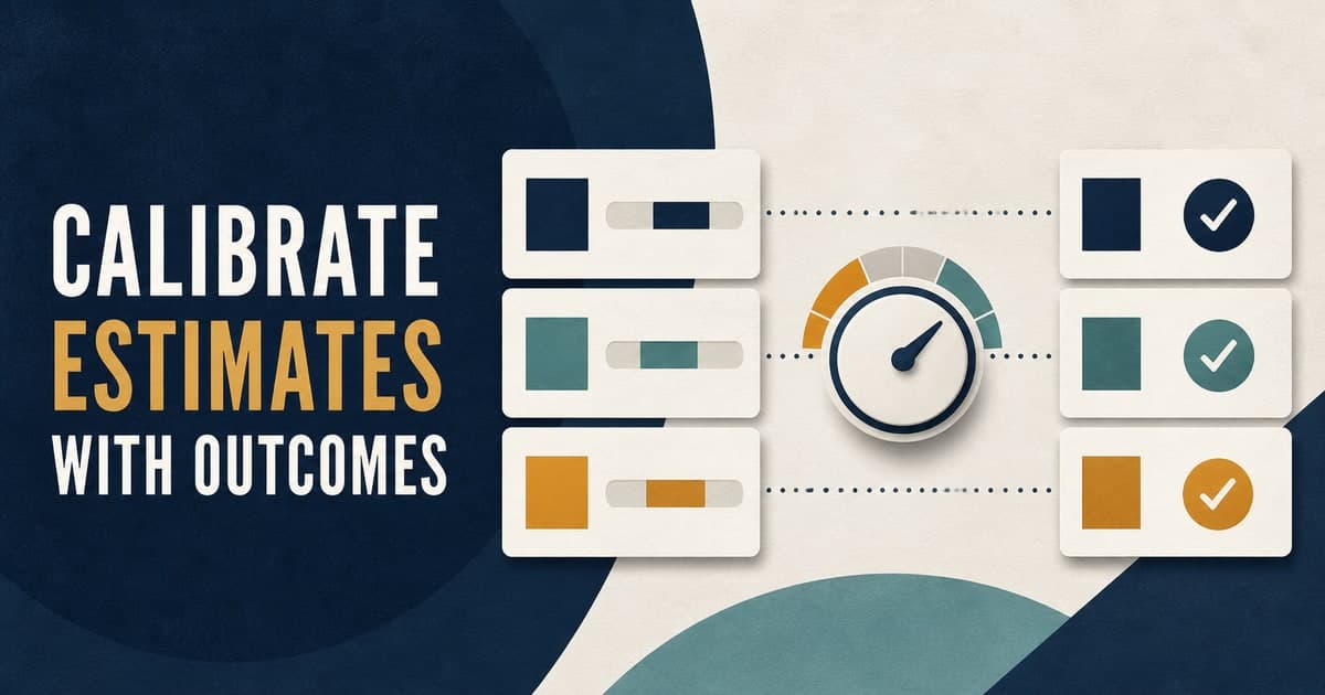 Branded illustrated title card for Calibrating recurring-work estimates against actual outcomes in the Research category, aligning estimate bands with completed outcome records.
