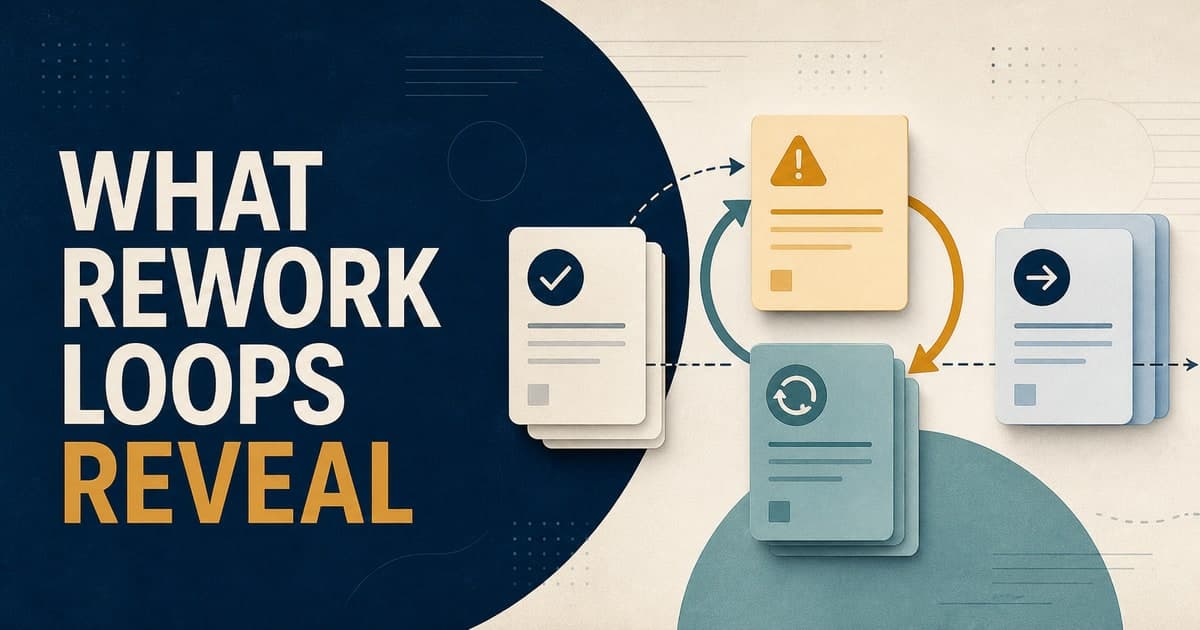 Branded illustrated title card for What rework-loop frequency reveals about hidden capacity in the Research category, showing work records cycling through correction before acceptance.