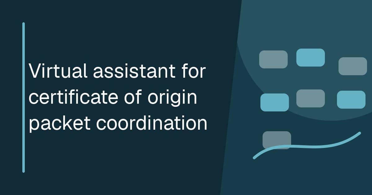 Branded illustrated title card for Virtual assistant for certificate of origin packet coordination in the Trade operations category