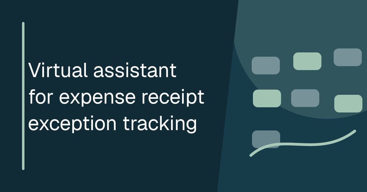 Branded illustrated title card for Virtual assistant for expense receipt exception tracking in the Finance operations category