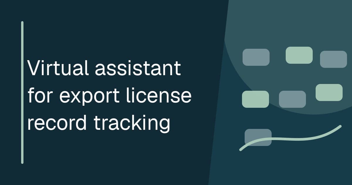 Branded illustrated title card for Virtual assistant for export license record tracking in the Trade operations category