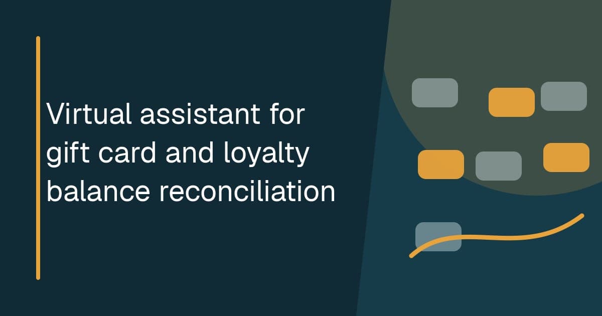Branded illustrated title card for Virtual assistant for gift card and loyalty balance reconciliation in the Finance operations category