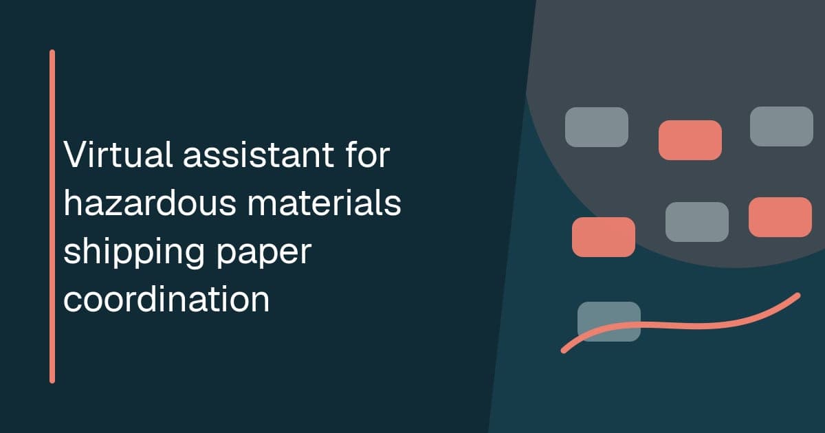 Branded illustrated title card for Virtual assistant for hazardous materials shipping paper coordination in the Logistics operations category