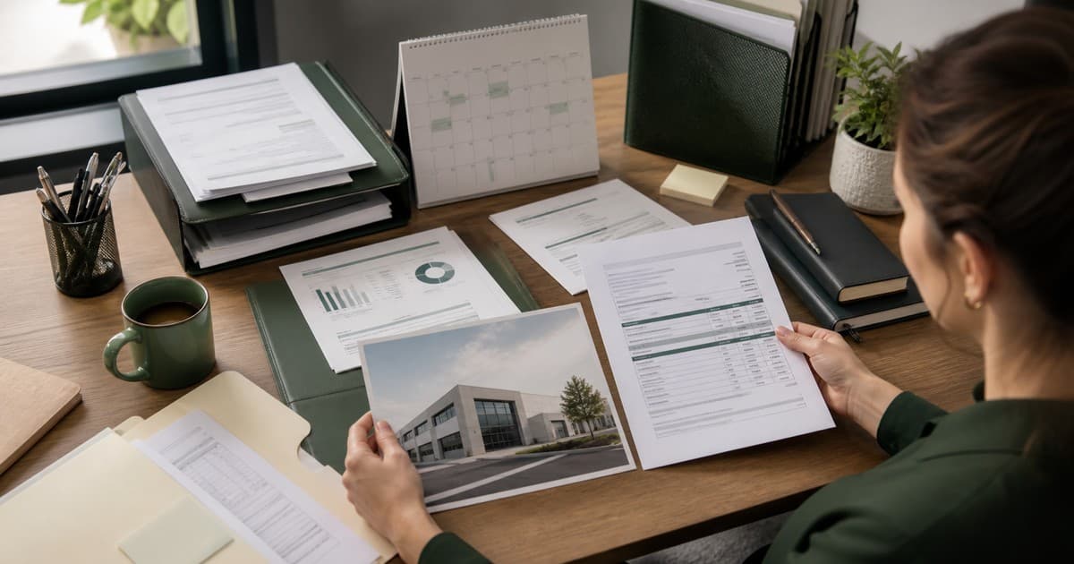 Branded illustrated title card for Virtual assistant for insurance renewal data collection, using a photorealistic editorial operations still life