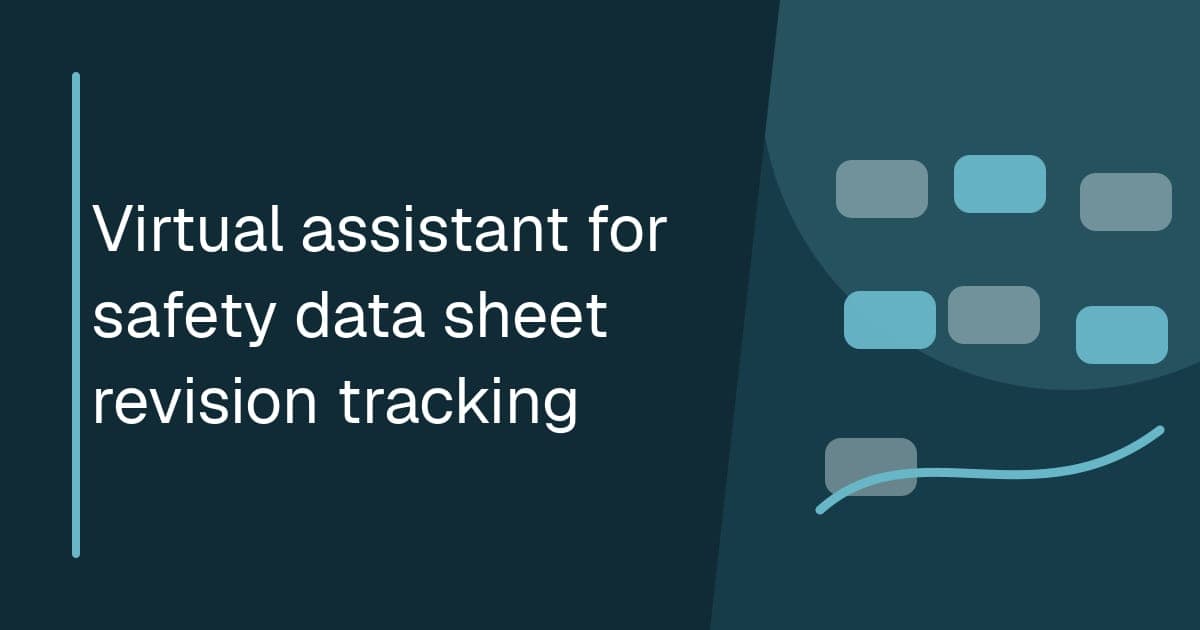 Branded illustrated title card for Virtual assistant for safety data sheet revision tracking in the Safety operations category