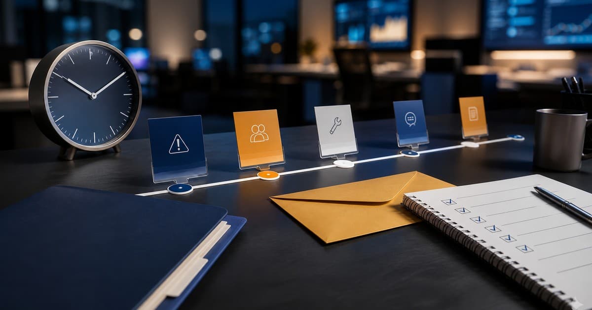 Branded illustrated title card for Virtual assistant for service level exceptions, using a photorealistic editorial operations still life