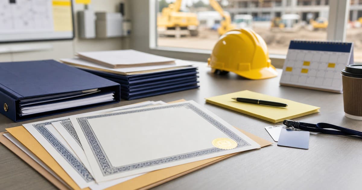 Branded illustrated title card for Virtual assistant for subcontractor credential renewals, using a photorealistic editorial operations still life