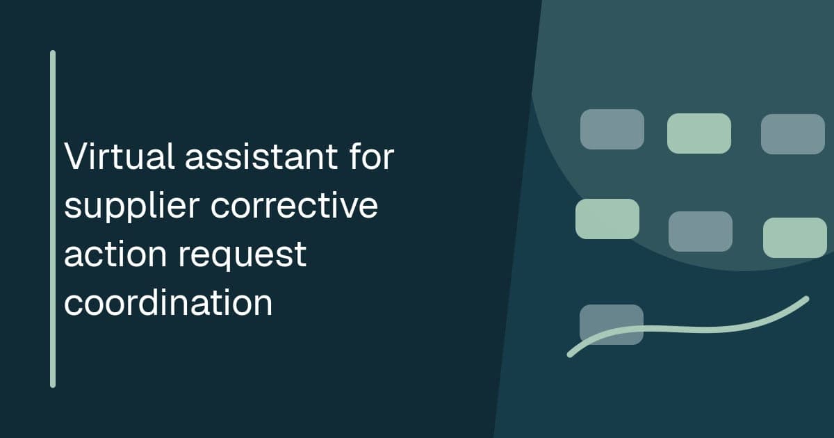 Branded illustrated title card for Virtual assistant for supplier corrective action request coordination in the Quality operations category