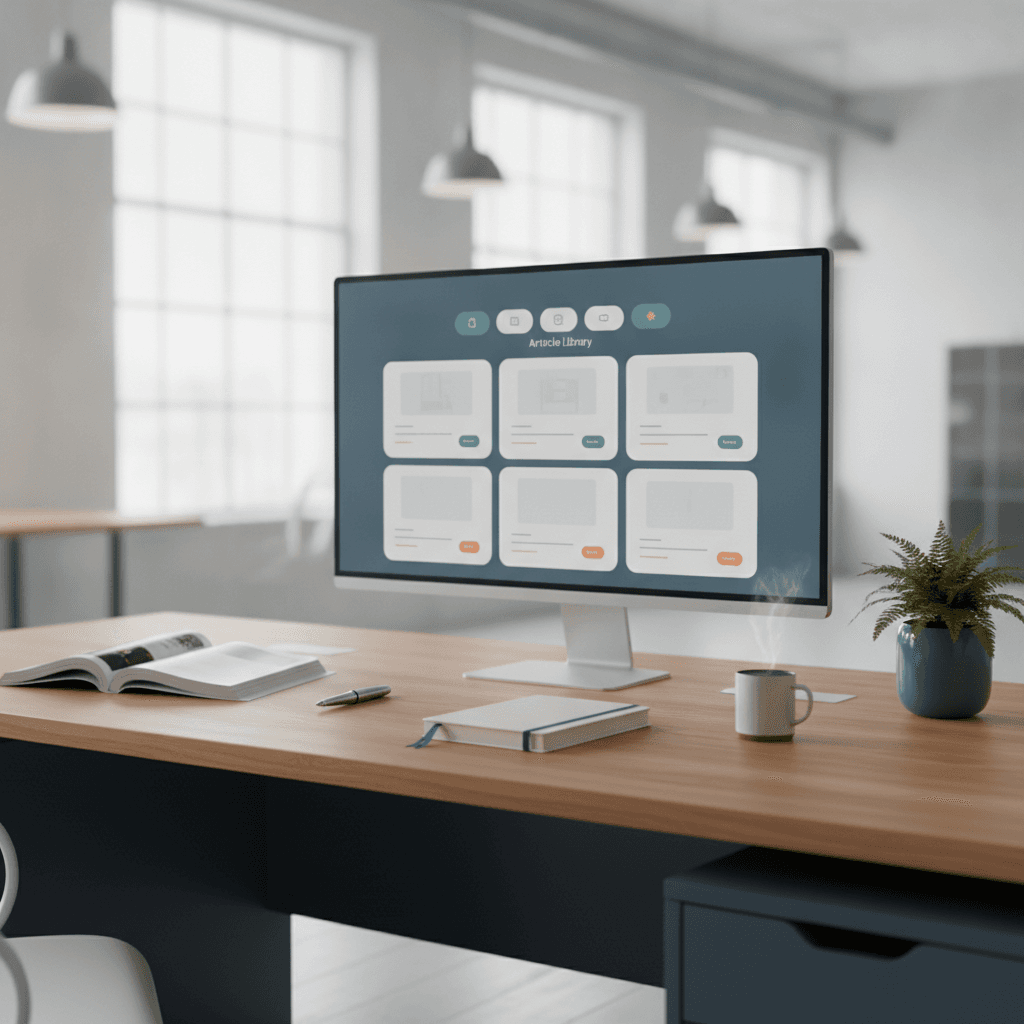A workspace with an open magazine and a soft article-library dashboard representing the operations VA editorial library