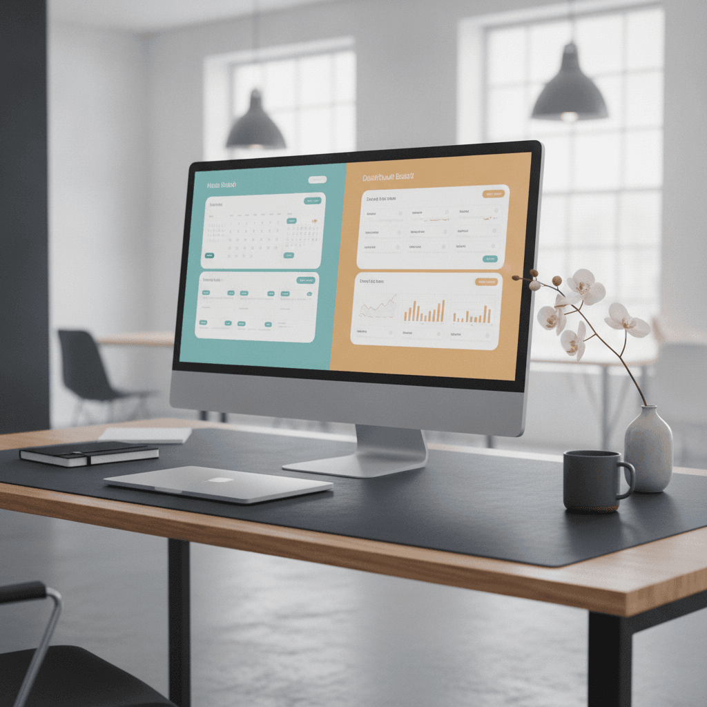 Branded illustrated title card for “Executive assistant vs virtual assistant: which role does your business need?” in the hiring-guides category, composited over an operations workspace graphic.