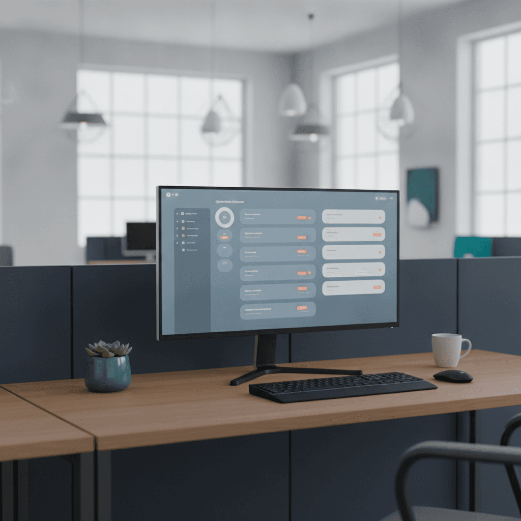 A calm organized home office desk with a laptop, planner, and warm morning light