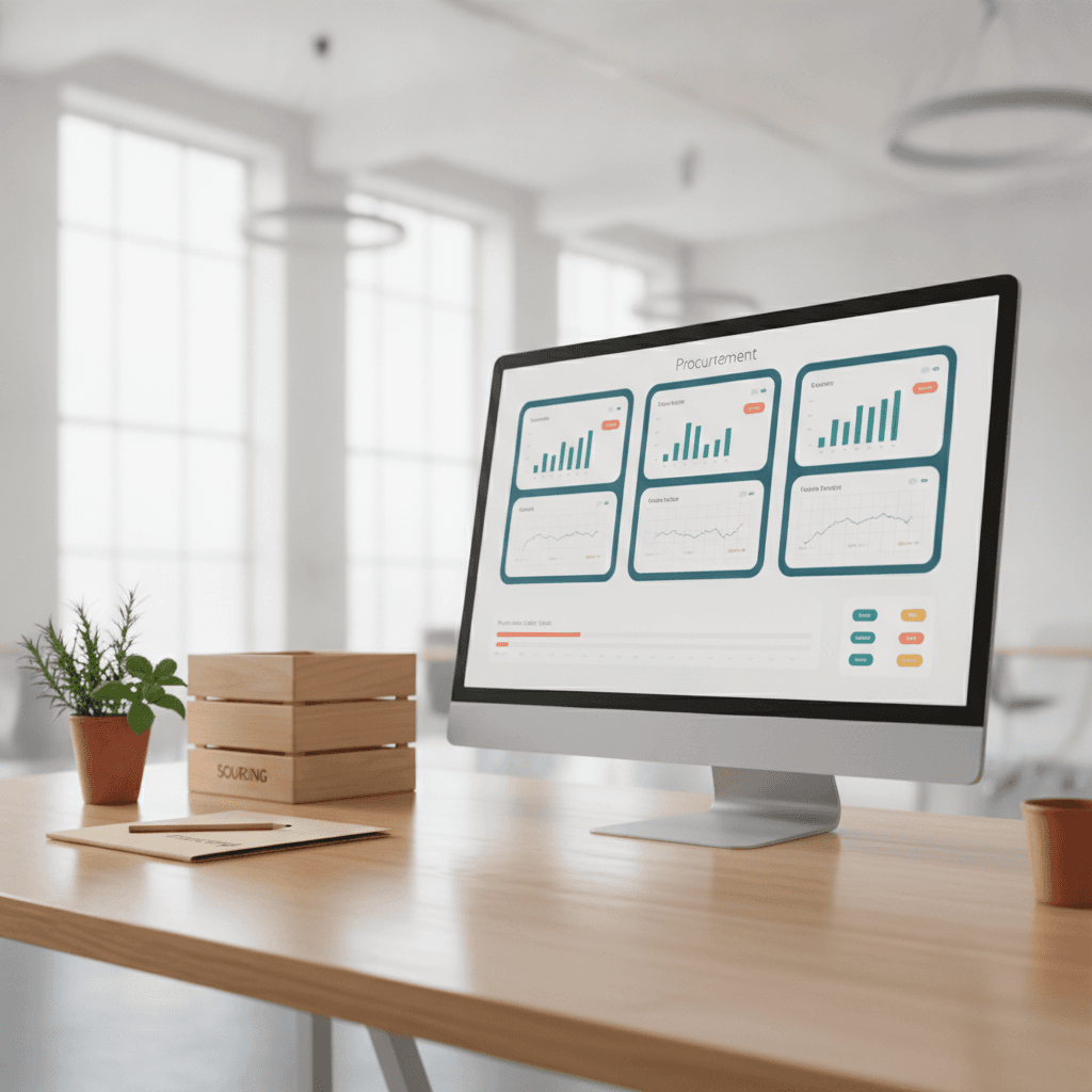 Branded illustrated title card for “What a procurement virtual assistant handles for your sourcing operations” in the hiring-guides category, composited over an operations workspace graphic.