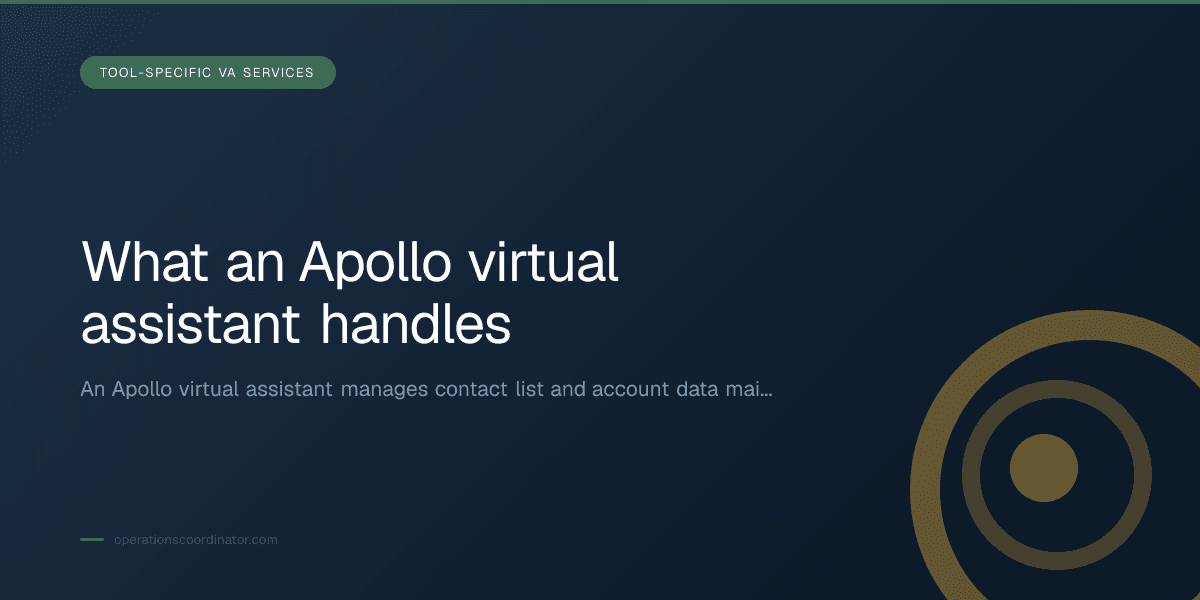 Branded illustrated title card for “What an Apollo virtual assistant handles” in the Tool-Specific VA Services category, composited over an operations workspace graphic.