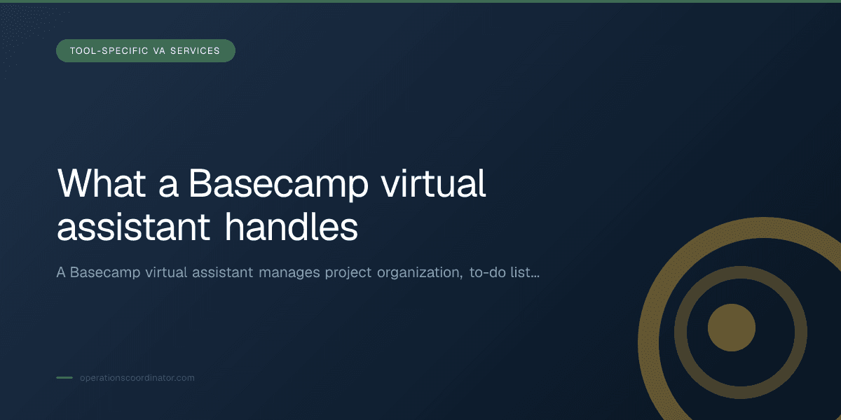 Branded illustrated title card for “What a Basecamp virtual assistant handles” in the Tool-Specific VA Services category, composited over an operations workspace graphic.