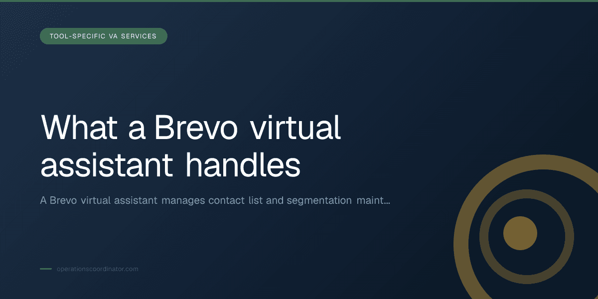 Branded illustrated title card for “What a Brevo virtual assistant handles” in the Tool-Specific VA Services category, composited over an operations workspace graphic.