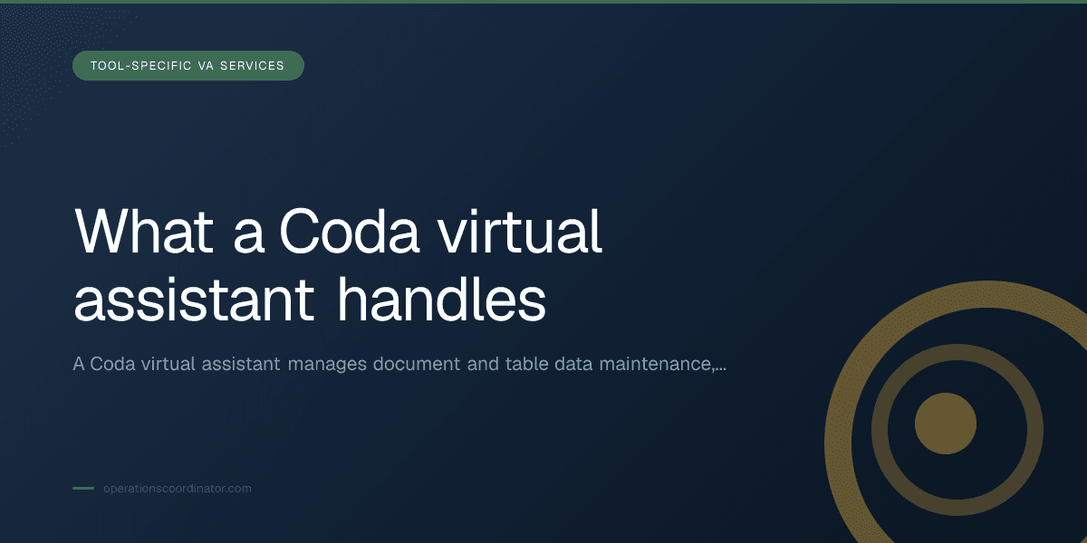 Branded illustrated title card for “What a Coda virtual assistant handles” in the Tool-Specific VA Services category, composited over an operations workspace graphic.