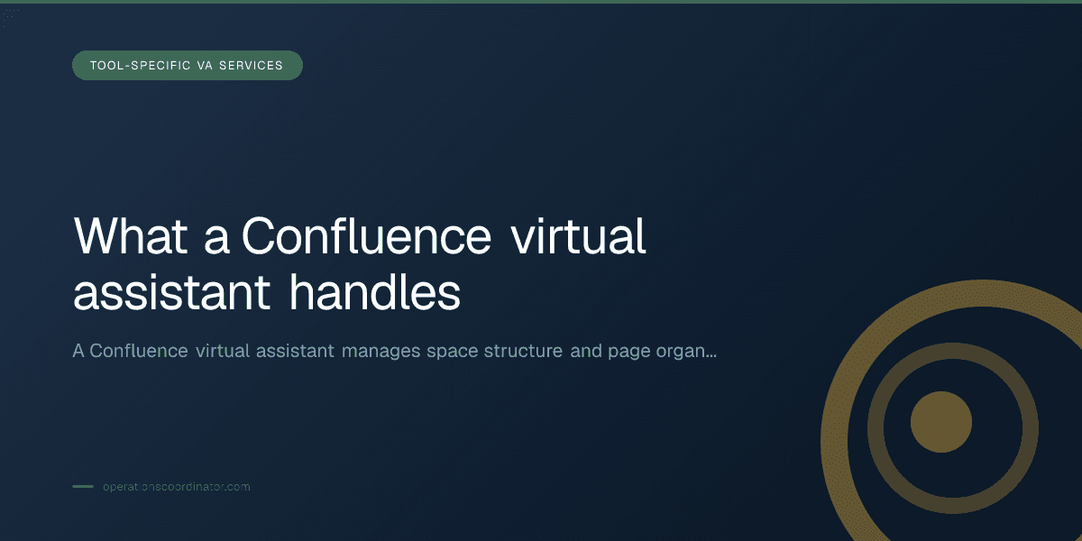 Branded illustrated title card for “What a Confluence virtual assistant handles” in the Tool-Specific VA Services category, composited over an operations workspace graphic.