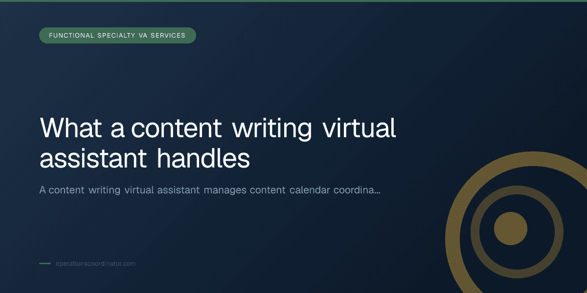 Branded illustrated title card for “What a content writing virtual assistant handles” in the Functional Specialty VA Services category, composited over an operations workspace graphic.