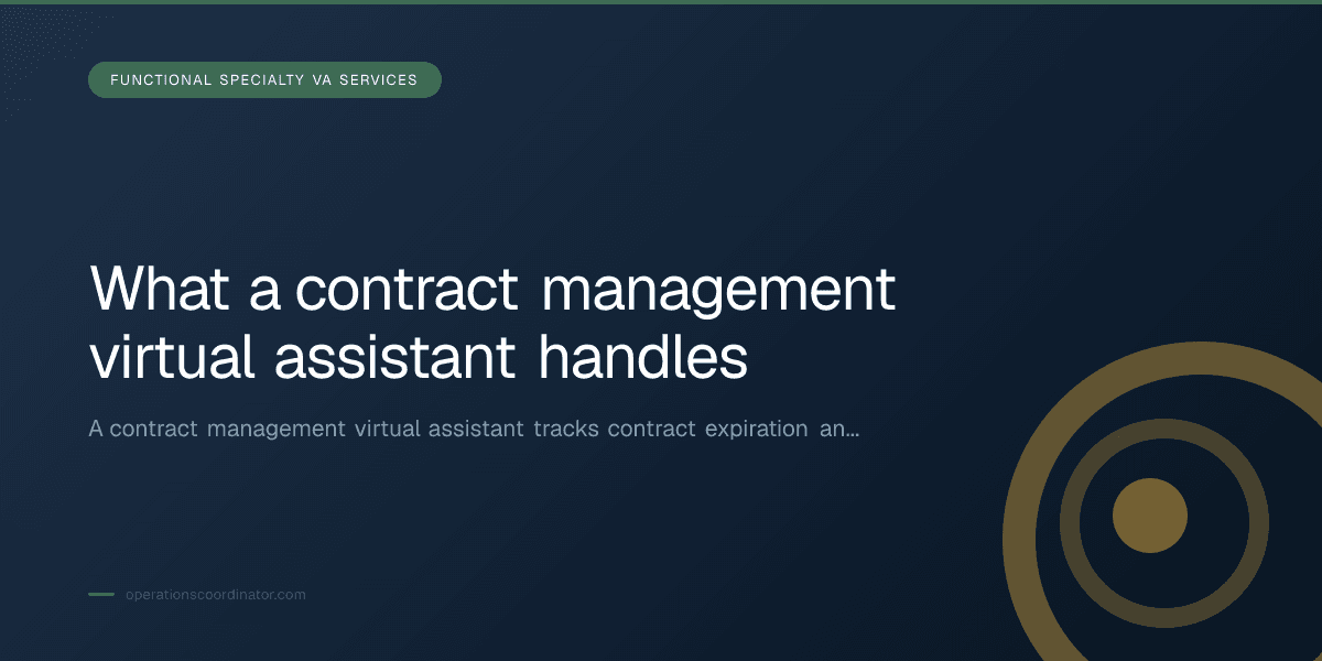 Branded illustrated title card for “What a contract management virtual assistant handles” in the Functional Specialty VA Services category, composited over an operations workspace graphic.
