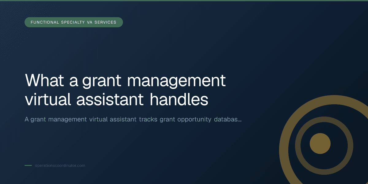 Branded illustrated title card for “What a grant management virtual assistant handles” in the Functional Specialty VA Services category, composited over an operations workspace graphic.