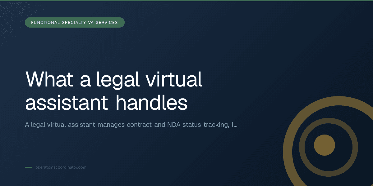 Branded illustrated title card for “What a legal virtual assistant handles” in the Functional Specialty VA Services category, composited over an operations workspace graphic.