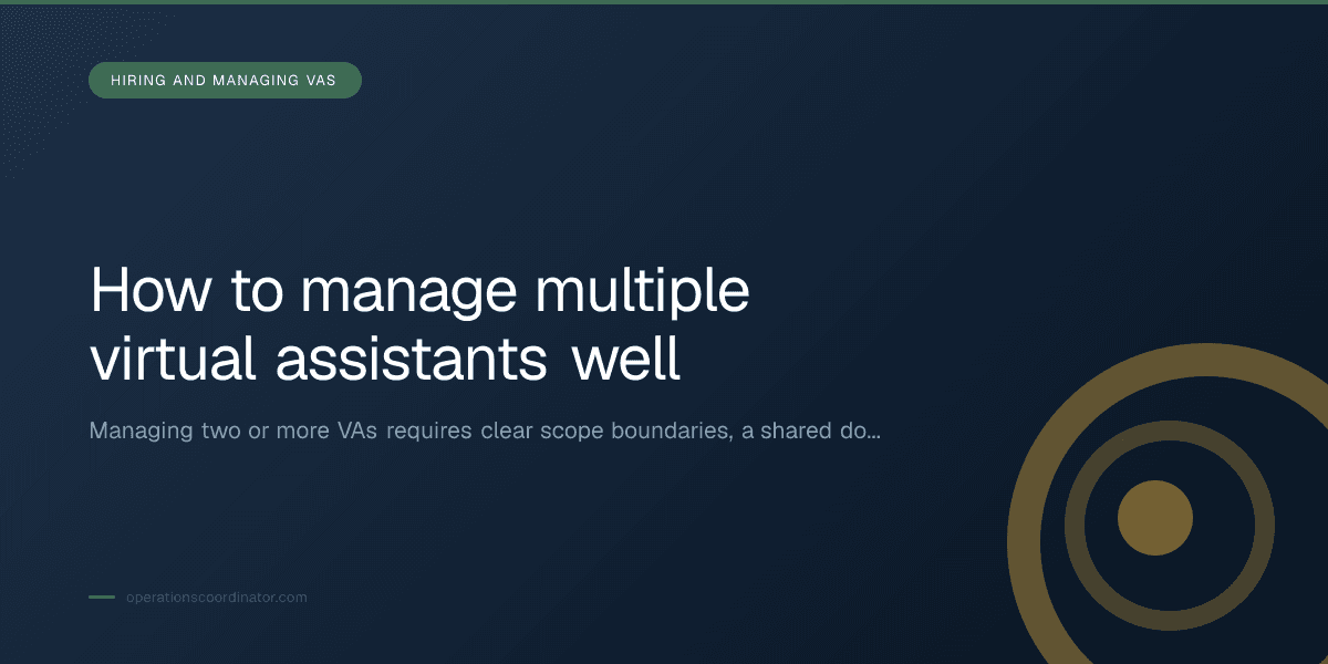 Branded illustrated title card for “How to manage multiple virtual assistants well” in the Hiring and Managing VAs category, composited over an operations workspace graphic.