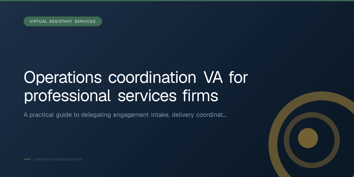 Branded illustrated title card for “Operations coordination VA for professional services firms” in the Virtual Assistant Services category, composited over an operations workspace graphic.