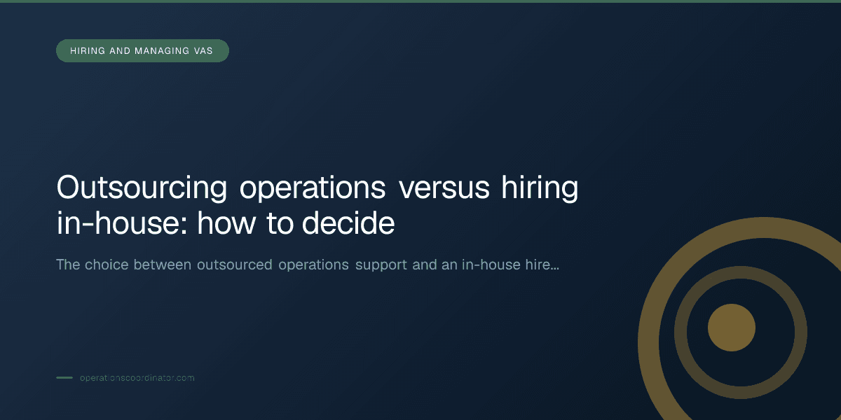 Branded illustrated title card for “Outsourcing operations versus hiring in-house: how to decide” in the Hiring and Managing VAs category, composited over an operations workspace graphic.