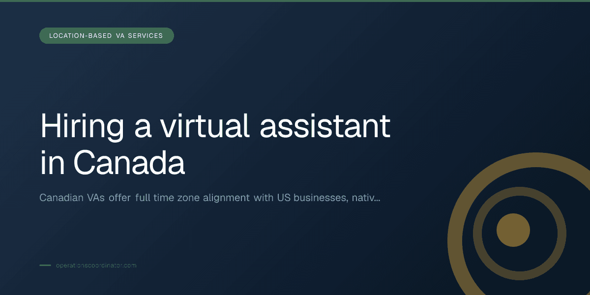 Branded illustrated title card for “Hiring a virtual assistant in Canada” in the Location-Based VA Services category, composited over an operations workspace graphic.
