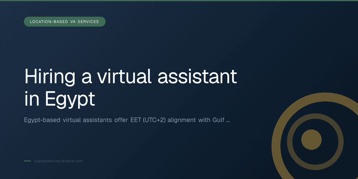Branded illustrated title card for “Hiring a virtual assistant in Egypt” in the Location-Based VA Services category, composited over an operations workspace graphic.