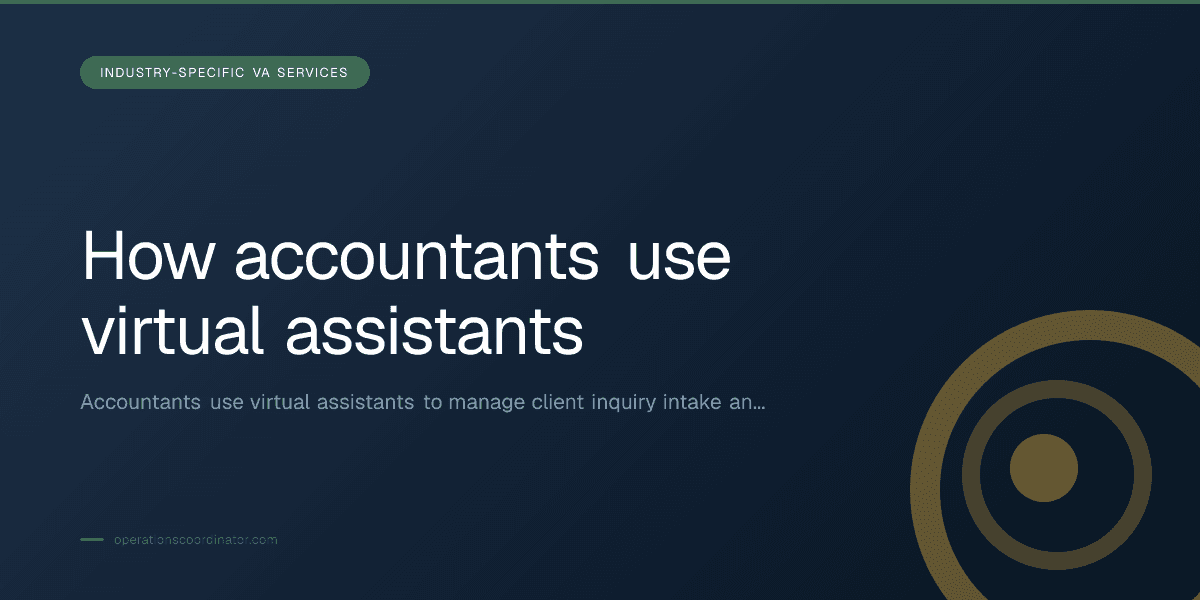 Branded illustrated title card for “How accountants use virtual assistants” in the Industry-Specific VA Services category, composited over an operations workspace graphic.