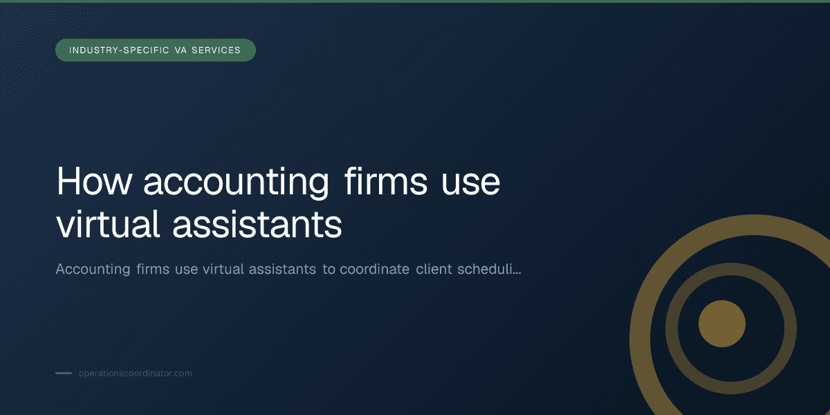 Branded illustrated title card for “How accounting firms use virtual assistants” in the Industry-Specific VA Services category, composited over an operations workspace graphic.