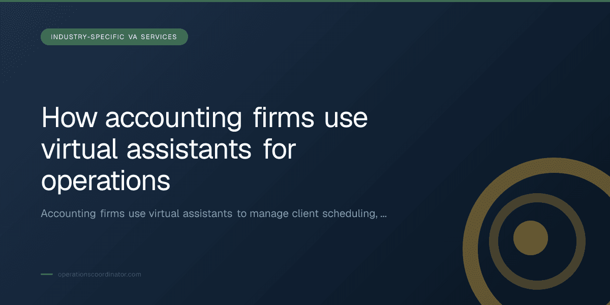 Branded illustrated title card for “How accounting firms use virtual assistants for operations” in the Industry-Specific VA Services category, composited over an operations workspace graphic.