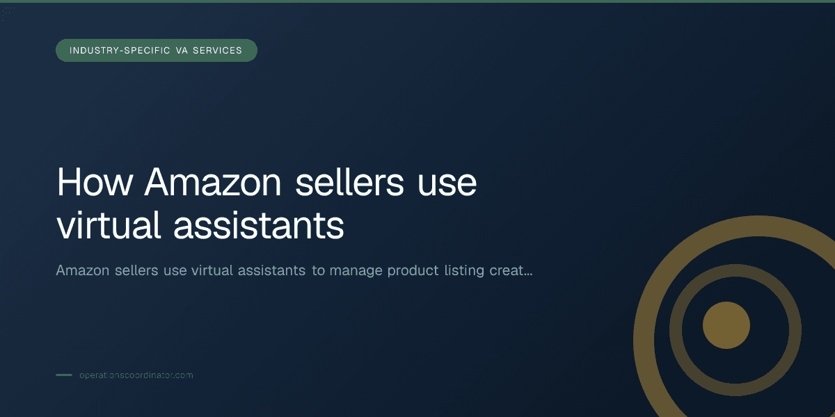 Branded illustrated title card for “How Amazon sellers use virtual assistants” in the Industry-Specific VA Services category, composited over an operations workspace graphic.