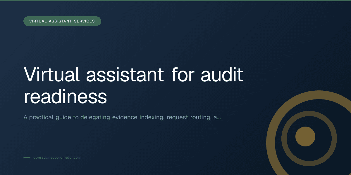 Branded illustrated title card for “Virtual assistant for audit readiness” in the Virtual Assistant Services category, composited over an operations workspace graphic.