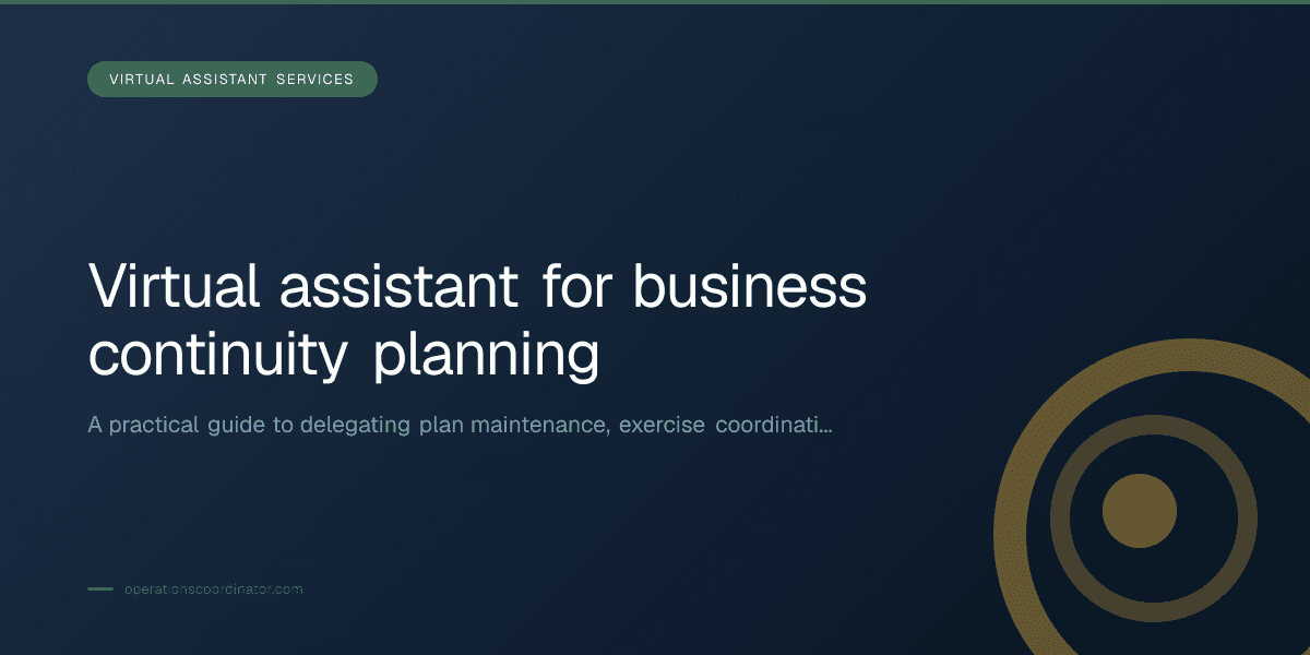 Branded illustrated title card for “Virtual assistant for business continuity planning” in the Virtual Assistant Services category, composited over an operations workspace graphic.