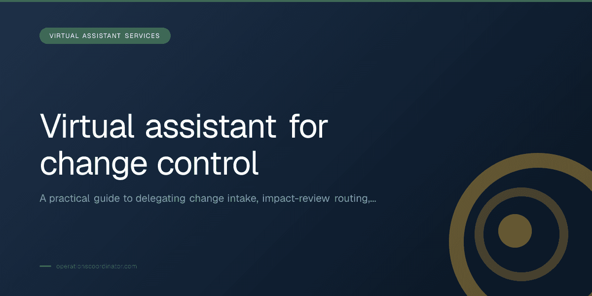 Branded illustrated title card for “Virtual assistant for change control” in the Virtual Assistant Services category, composited over an operations workspace graphic.