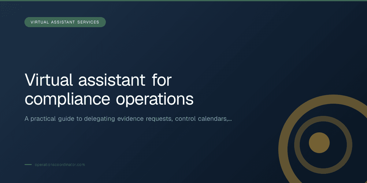Branded illustrated title card for “Virtual assistant for compliance operations” in the Virtual Assistant Services category, composited over an operations workspace graphic.