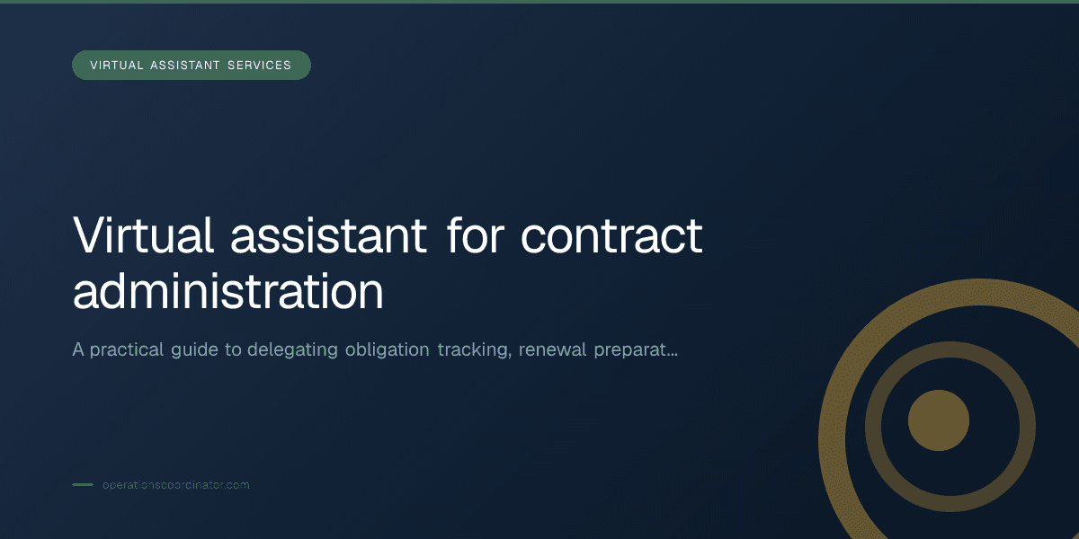Branded illustrated title card for “Virtual assistant for contract administration” in the Virtual Assistant Services category, composited over an operations workspace graphic.