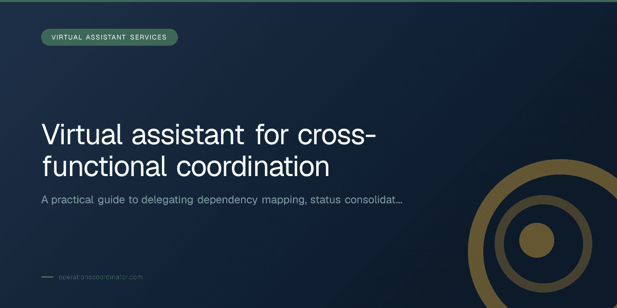 Branded illustrated title card for “Virtual assistant for cross-functional coordination” in the Virtual Assistant Services category, composited over an operations workspace graphic.