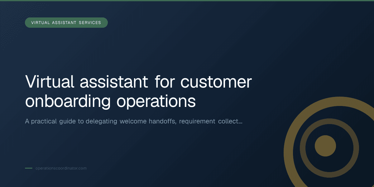 Branded illustrated title card for “Virtual assistant for customer onboarding operations” in the Virtual Assistant Services category, composited over an operations workspace graphic.