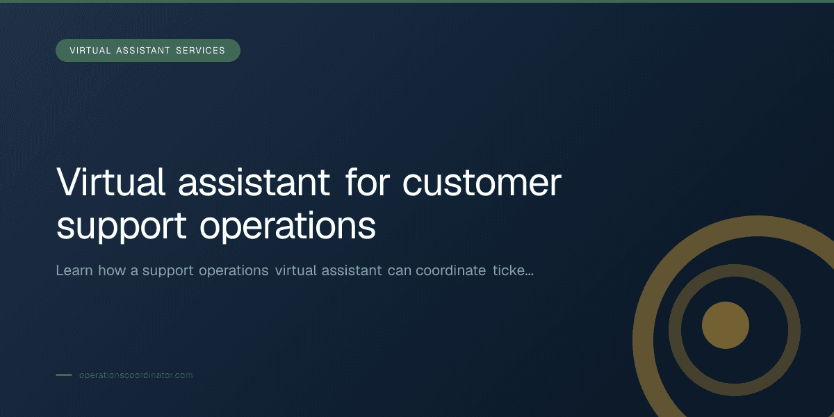 Branded illustrated title card for “Virtual assistant for customer support operations” in the Virtual Assistant Services category, composited over an operations workspace graphic.