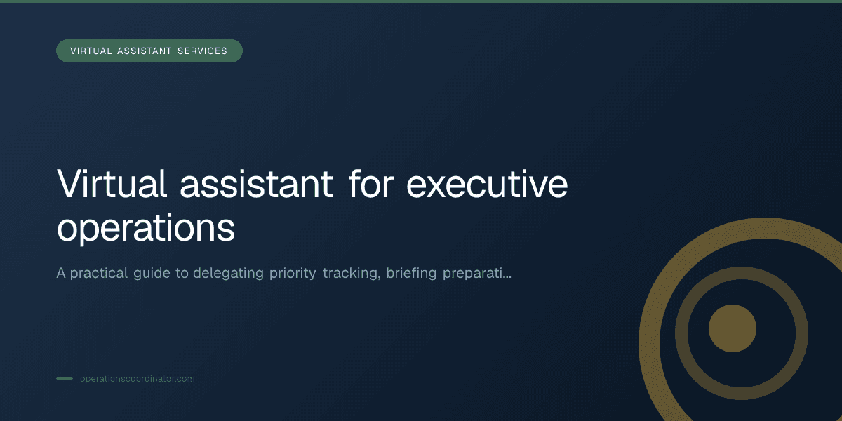 Branded illustrated title card for “Virtual assistant for executive operations” in the Virtual Assistant Services category, composited over an operations workspace graphic.