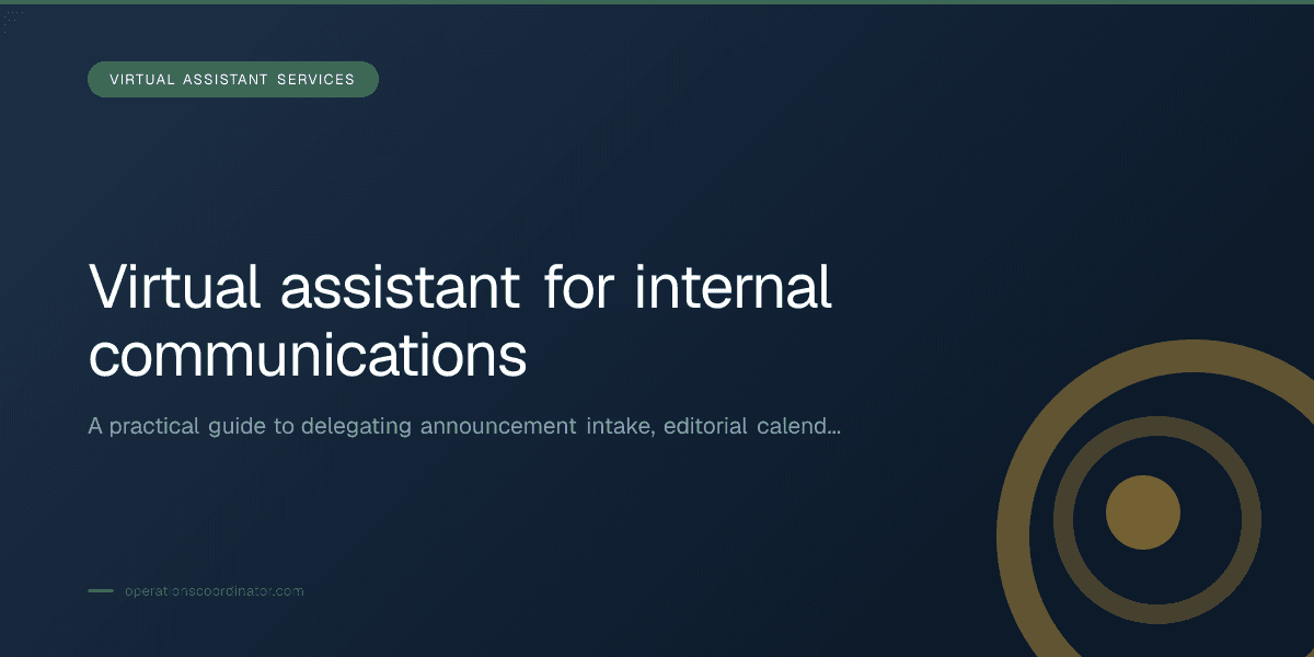 Branded illustrated title card for “Virtual assistant for internal communications” in the Virtual Assistant Services category, composited over an operations workspace graphic.