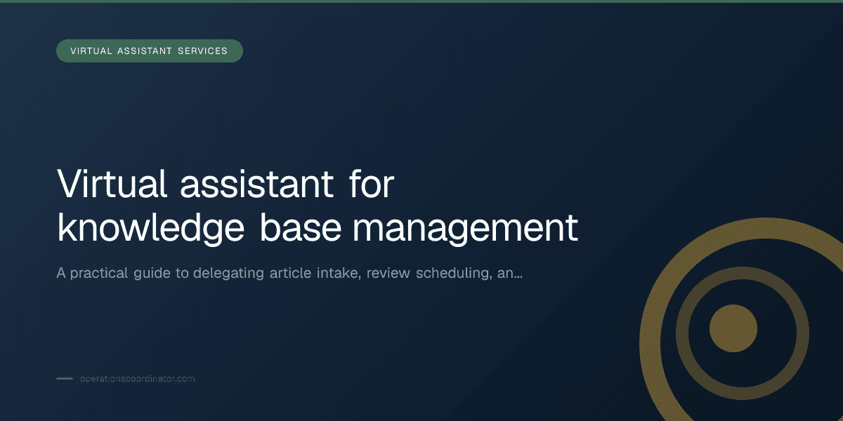 Branded illustrated title card for “Virtual assistant for knowledge base management” in the Virtual Assistant Services category, composited over an operations workspace graphic.