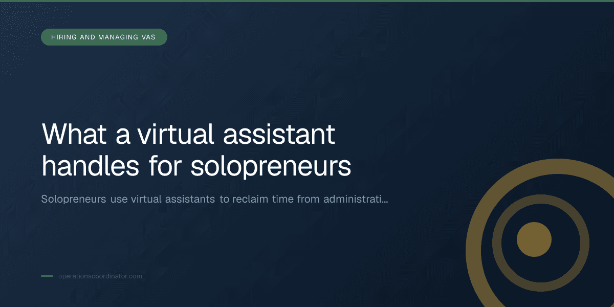 Branded illustrated title card for “What a virtual assistant handles for solopreneurs” in the Hiring and Managing VAs category, composited over an operations workspace graphic.