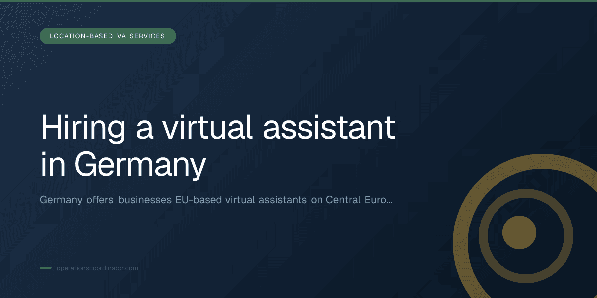 Branded illustrated title card for “Hiring a virtual assistant in Germany” in the Location-Based VA Services category, composited over an operations workspace graphic.